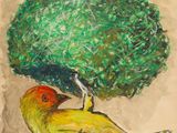 tableau représentant un oiseau jaune perché sur une branche d'arbre