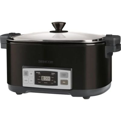 a close up of a slow cooker on a white background
