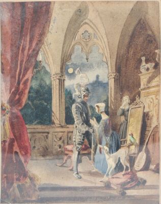 painting of a man and woman standing in a room with a dog