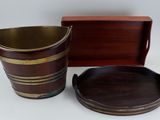 a wooden box with a metal container and a wooden tray