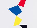 an image of a white poster with a red, blue, yellow and black geometric design