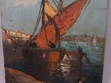 a painting of a boat in the water with a sky background