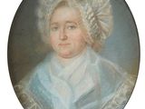 portrait of a woman in a blue dress with a white bonnet