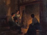 a painting of a group of people sitting around a fire place