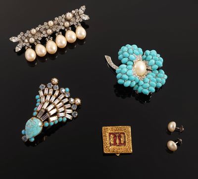 three pairs of turquoise, pearl and diamond broochers