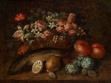 an image of a painting of a fish and fruit on a table