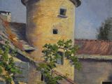 an oil painting of a building with a tower and a tree in front of it