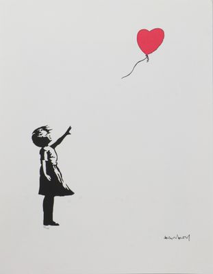 a black and white drawing of a girl holding a red balloon