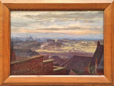 an oil painting of a view of a town from a window