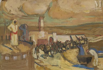 painting of a painting of a group of people on a beach