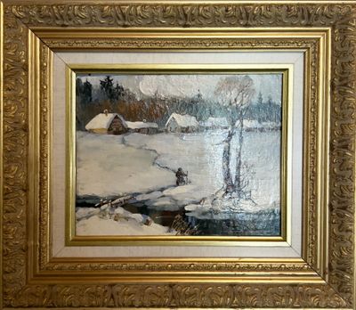 une peinture à l'huile représentant un paysage enneigé avec une maison en arrière-plan