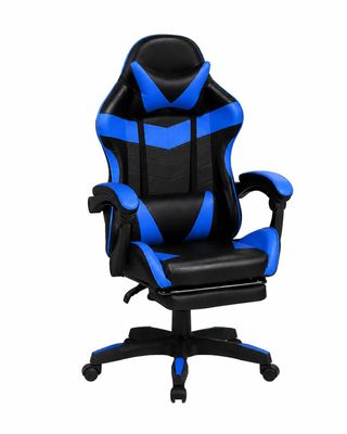une chaise de bureau noire et bleue avec une assise en cuir noir