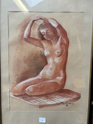 tableau représentant une femme nue assise sur un tapis, dans un cadre