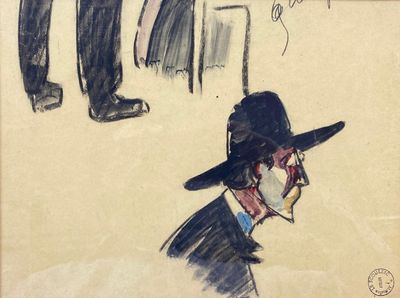 drawing of a man in a hat and a suit with a cane