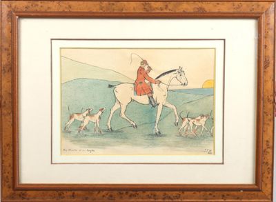 tableau représentant un homme à cheval, accompagné d'un chien et d'une meute de chiens