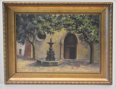 an oil painting of a fountain in a courtyard with trees and a building in the background