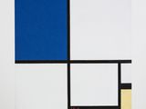 a painting of blue, yellow and black squares with a white background