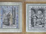 two framed pictures of a man and a woman sitting on a bench
