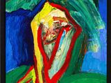 an abstract painting of a man with a yellow shirt and a red scarf