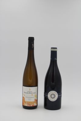 deux bouteilles de vin posées l'une à côté de l'autre sur une surface blanche