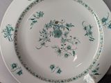 a white plate with a blue and green floral design on it