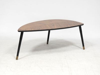 a wooden coffee table with black legs and a triangle shaped top