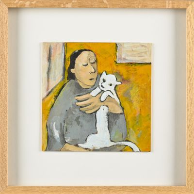 un tableau représentant une femme tenant un chien dans ses bras