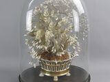 une cloche en verre contenant une plante, posée sur un socle en bois