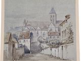 painting of a view of a town with a steeple and a church
