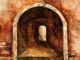 an oil painting of a building with a doorway in the middle of it