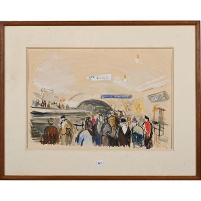tableau représentant un groupe de personnes attendant un train dans une gare
