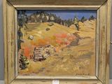 an oil painting of a field with trees in the background