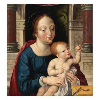 une image d'une peinture représentant une femme tenant un bébé sur ses genoux