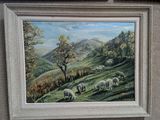 un tableau représentant un troupeau de moutons paissant dans un champ