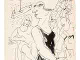 une image représentant un dessin d'un groupe de personnes assises sur un banc