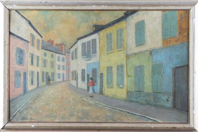 tableau représentant une femme marchant dans une rue devant une rangée d'immeubles