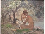 une peinture à l'huile représentant une femme nue assise sous un arbre
