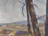 une peinture à l'huile représentant deux arbres dans un champ, avec le ciel en arrière-plan