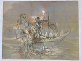 drawing of a man and woman in a boat on a body of water