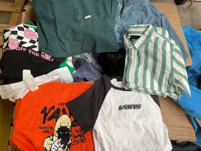 a box full of clothes that is sitting on the floor