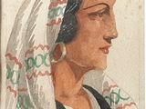 tableau représentant une femme portant une coiffe blanche et un foulard noir et blanc