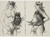 two drawings of a man and a woman with a cat on their back
