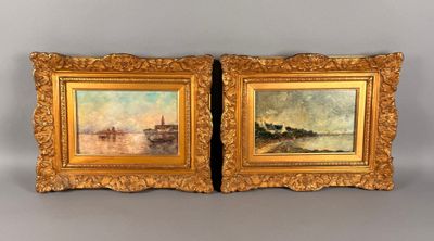 paire de peintures à l'huile sur toile du XIXe siècle représentant un château et une rivière