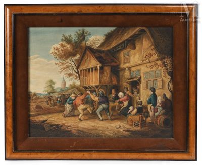 an oil painting of a group of people outside a house