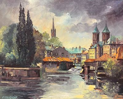 peinture représentant un tableau représentant une rivière, avec des bâtiments et une église en arrière-plan