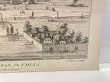 drawing of a view of a town from a distance with people walking on the sidewalk