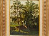 un tableau représentant un paysage avec des arbres et une rivière au loin
