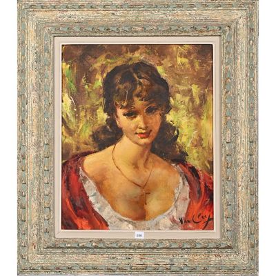 une peinture à l'huile représentant une femme en robe rouge