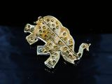 a gold frog brooch on a black surface