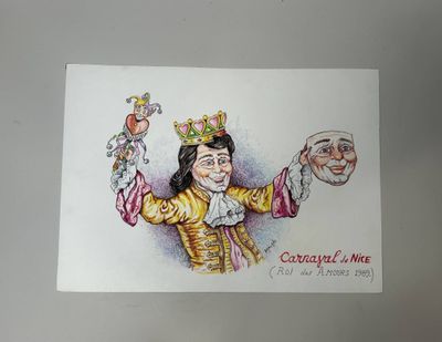 un dessin représentant un homme tenant un masque et un oiseau
